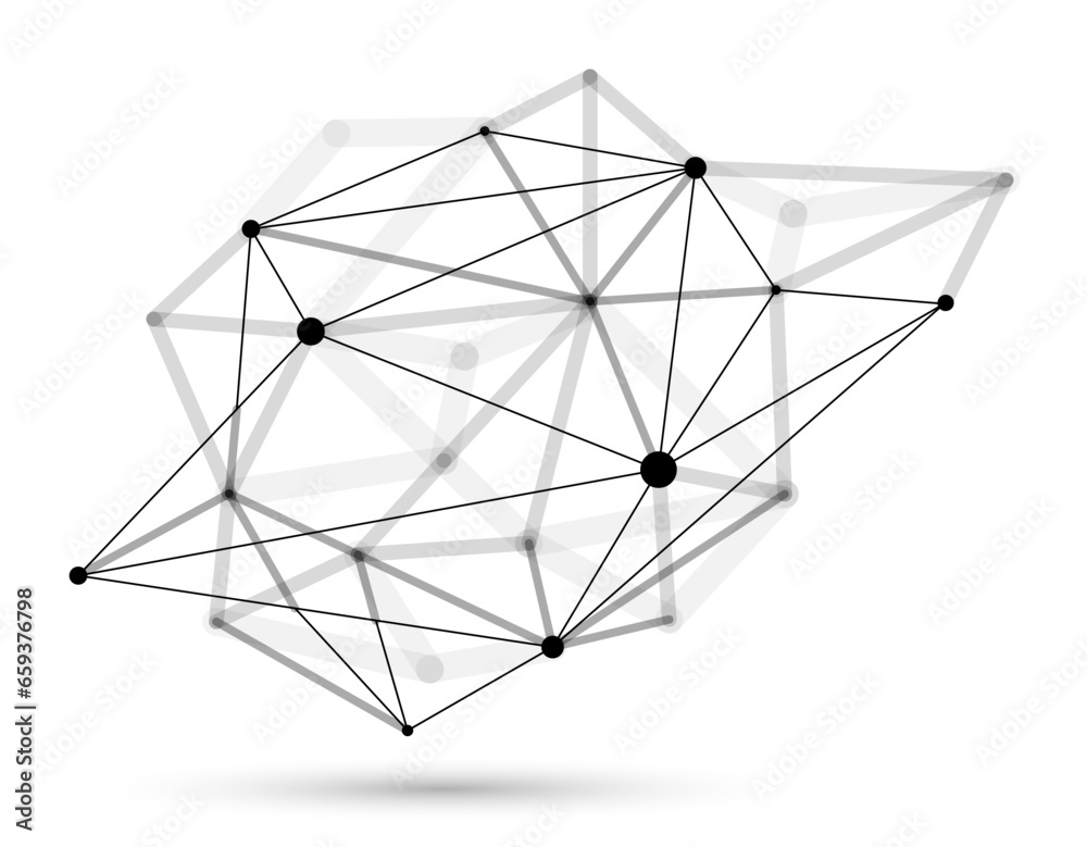 Abstract 3D mesh shape vector illustration, dots connected with lines technology polygonal object isolated on white background, dynamic lattice with realistic depth of field effect. Abstract 3D mesh shape vector illustration, dots connected with lines technology polygonal object isolated on white background, dynamic lattice with realistic depth of field effect.