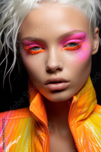 Neon Pink Eye Makeup on Model.
Model with neon pink eye makeup and glossy lips, fashion forward.