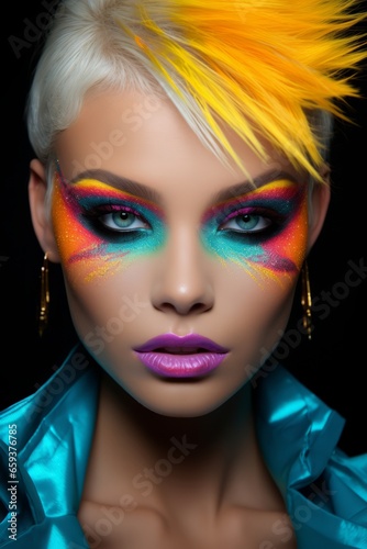 Bold Colourful Makeup on Blonde Model. Edgy makeup with bright colors on a blonde model.