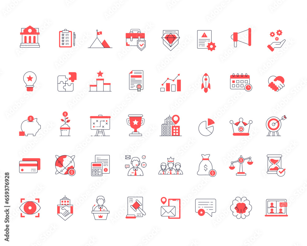 Red Business Icon Collection: Modern, Sleek, and Versatile Business Icons for Web and Print Design. Featuring Icons for Finance, Marketing, Management, Strategy, Analytics, and Startup Red Business Icon Collection: Modern, Sleek, and Versatile Business Icons for Web and Print Design. Featuring Icons for Finance, Marketing, Management, Strategy, Analytics, and Startup