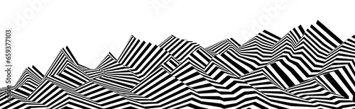 Abstract vector 3D lines background, black and white linear perspective dimensional terrain optical pattern.
