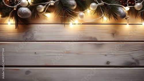 Rustic Christmas ornaments hanging from green fir branches against an empty wooden backdrop. space for adding text or design elements. photo