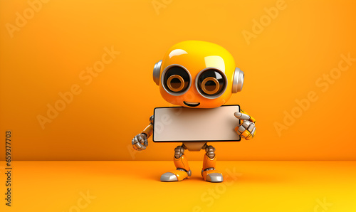 petit robot jaune avec une pancarte vierge sur la poitrine photo