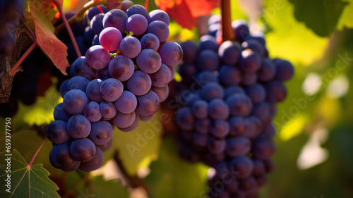 Ripe red wine grapes on vineyards in autumn harvest time.