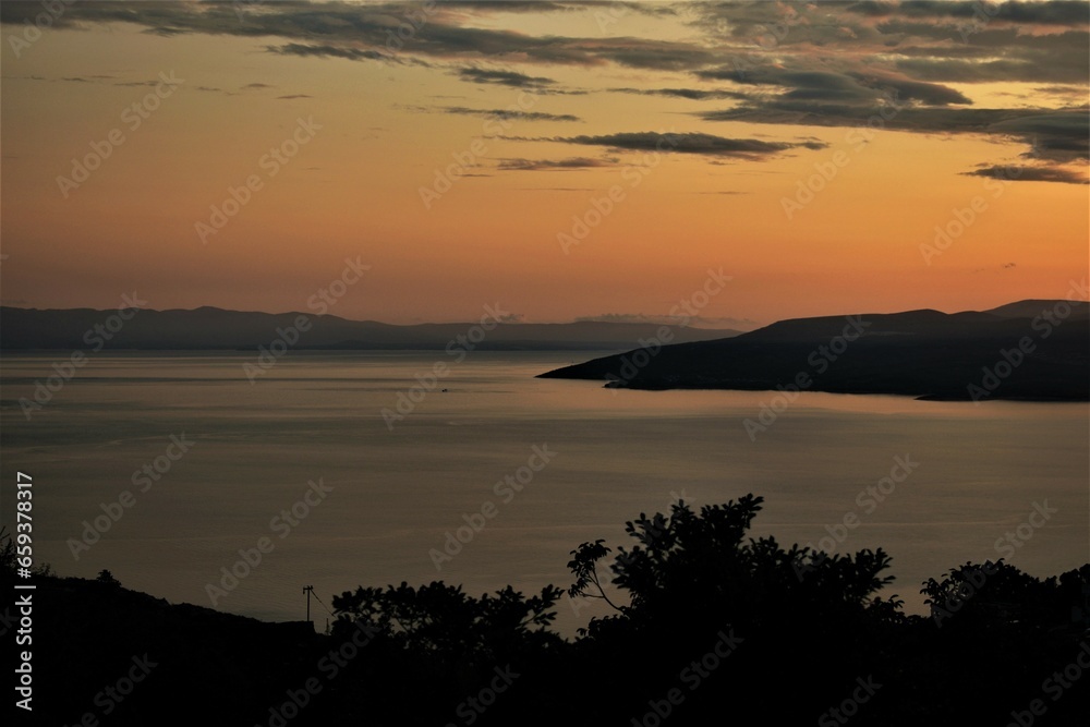 Beautiful sunset over Adriatic Sea in Makarska, Croatia
