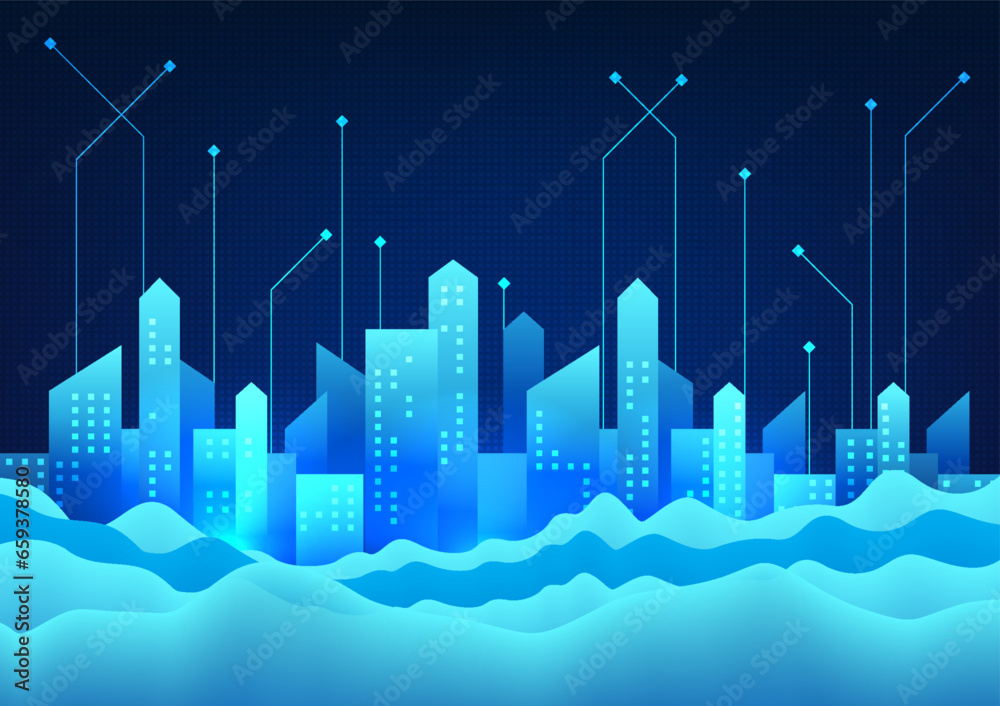 Smart city technology The city in front undulates with the circuit behind. It represents a city that has information and communications to increase the efficiency and quality of community services.