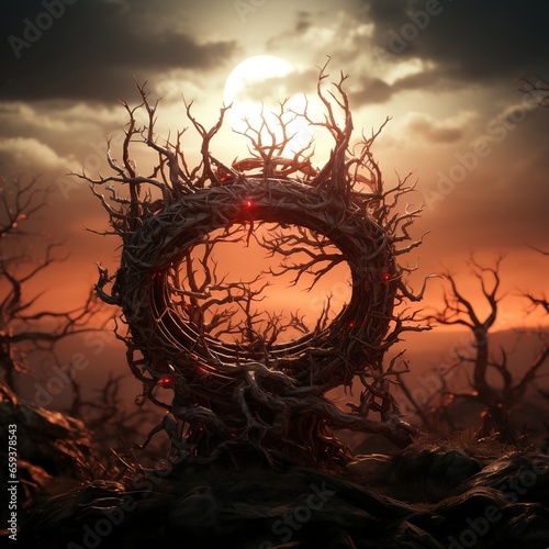 Crown of thorns with sunset on the tree