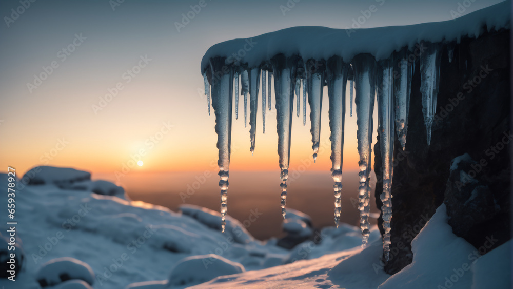 melting snow and ice with sunset in background. Highly detailed and realistic illustration - obrazy, fototapety, plakaty 
