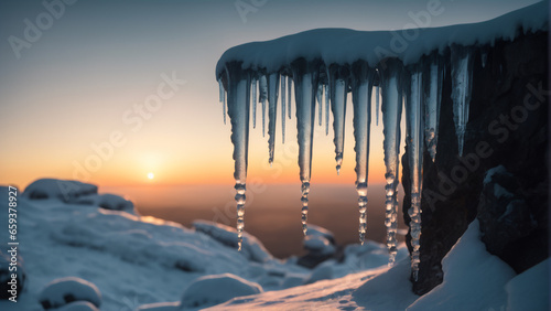 melting snow and ice with sunset in background. Highly detailed and realistic illustration