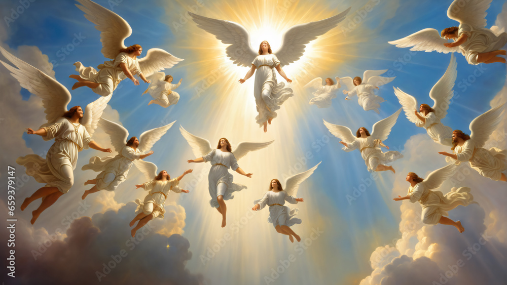Angels flying in heaven towards god. Highly detailed oil painting styled illustration - obrazy, fototapety, plakaty 