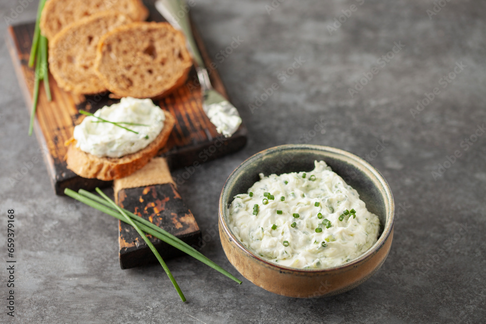 Benedictine spread. Cream cheese with cucumber and spring onions. United States cuisine Benedictine spread. Cream cheese with cucumber and spring onions. United States cuisine