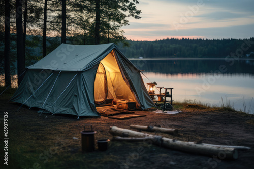 Lone tent in a beautiful landscape. Concept image on travel, nomad life and sustainable holidays.