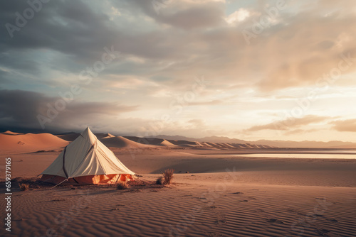Lone tent in a beautiful landscape. Concept image on travel  nomad life and sustainable holidays.
