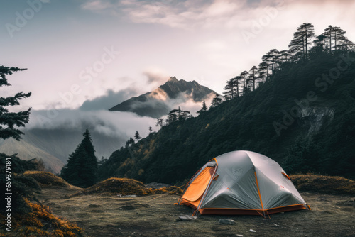 Lone tent in a beautiful landscape. Concept image on travel, nomad life and sustainable holidays.