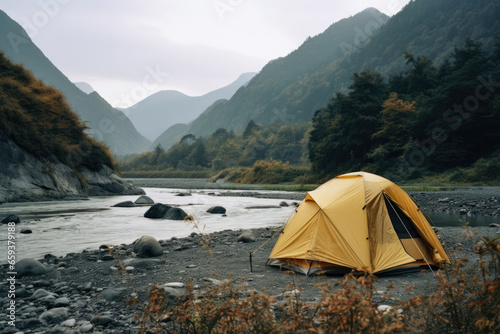 Lone tent in a beautiful landscape. Concept image on travel, nomad life and sustainable holidays.