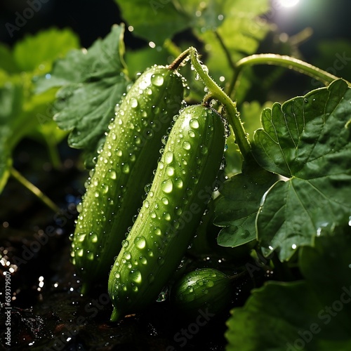 Cucumbers growing in the garden with rain droplets