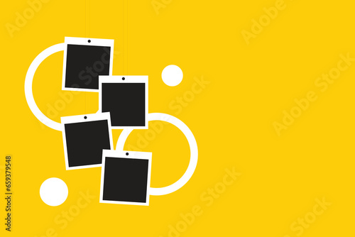 Realistic hanging photo frames with yellow color background