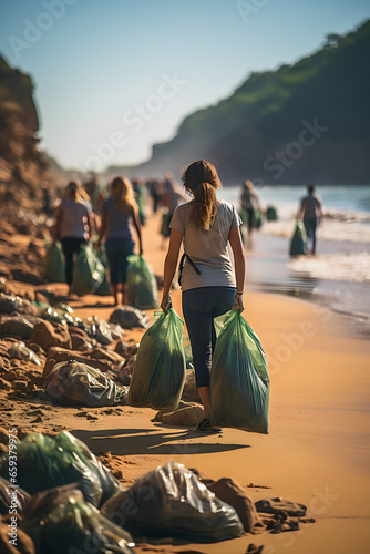 volunteers collect rubbish on the beach