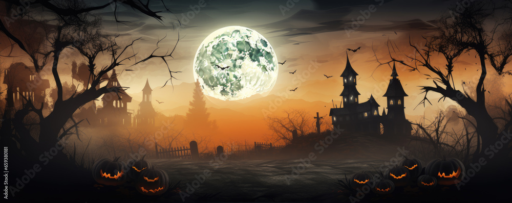 Scary Halloween pumpkins dark background. Halloween background, copy space for text.
