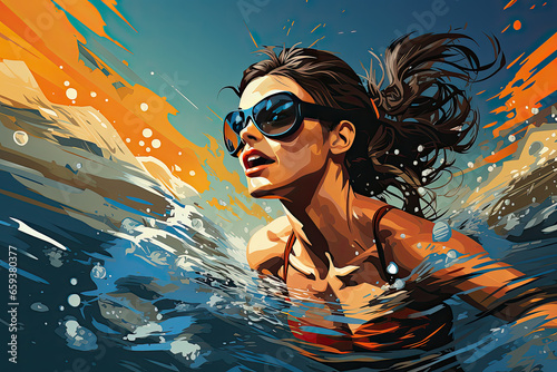 Woman swimming in sunglasses and hair tied back illustration.