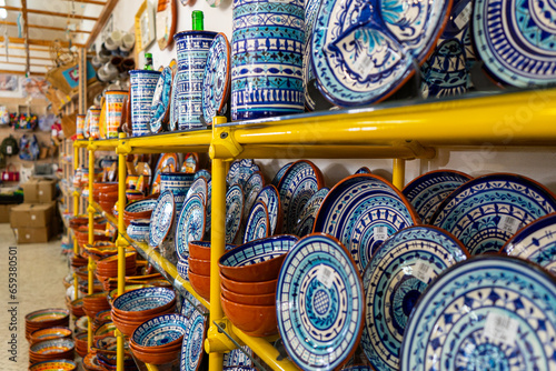 Traditional portuguese earthenware cups, bowls and others from varnished baked clay in Lagos, Portugal 