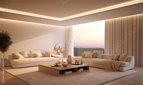 Creamy modern living room. Minimalist style interior design. © Filip