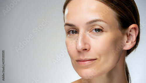 close up portrait of a woman, Cosmetic Harmony: Woman's Fresh-Faced Beauty