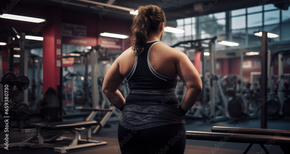 Body-positive woman in the gym, diligence is the key to success, Generative AI