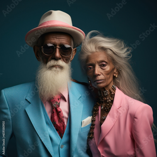 An elderly African American couple - a man with a gray beard in a hat and glasses, and a gray-haired woman in a pink jacket, generative AI