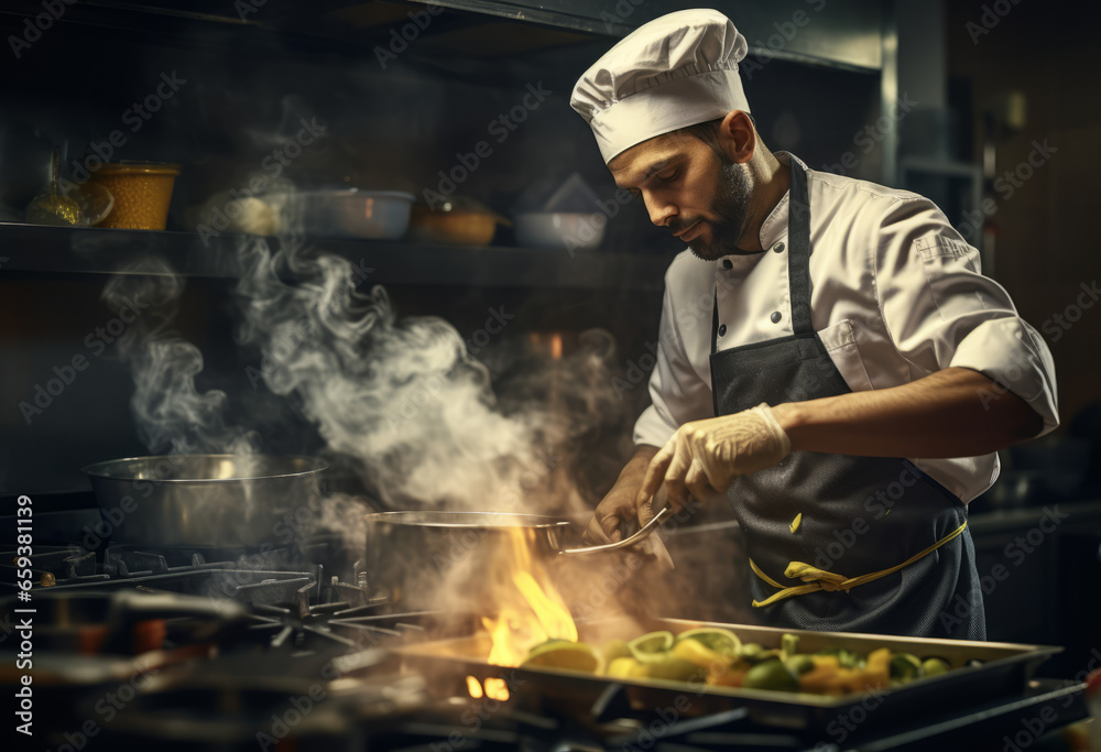 Sizzling Kitchen Ambiance, modern kitchen workspace, where chef's are delicately prepping a mix of meats and fresh green veggies Sizzling Kitchen Ambiance, modern kitchen workspace, where chef's are delicately prepping a mix of meats and fresh green veggies