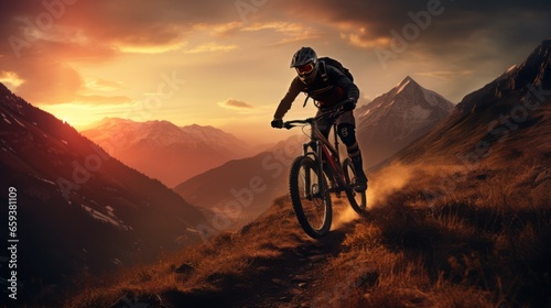 A man in a cyclist's suit is riding through the mountains on a mountain bike at sunset, generative AI      © Oleksandr