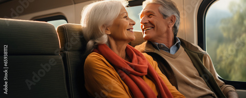 Happy senior couple having fun and enjoying their train trip photo