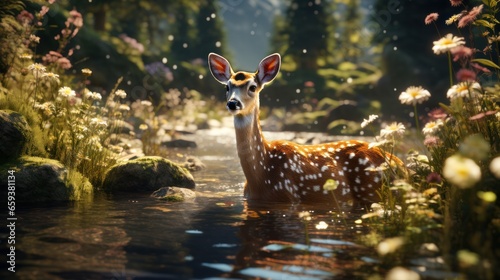 A young deer stands in a mountain river on a summer day, generative AI
