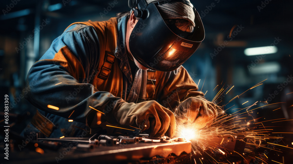 A male welder in a protective suit is at work, generative AI A male welder in a protective suit is at work, generative AI