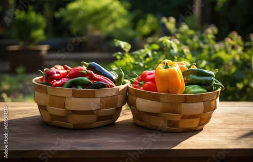 Two woven baskets with red, yellow, and green peppers stand on the table, generative AI