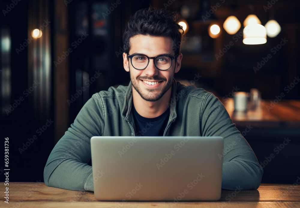 Man using a laptop at the bar. Portrait happy man in concentration working online. Man using a laptop at the bar. Portrait happy man in concentration working online.