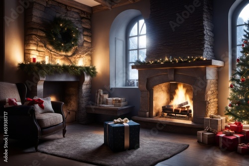 Cozy Christmas celebrations in a warm living room with a fireplace and burning candle. © Maja