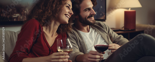 Happy young couple sitting on a sofa and  drinking wine, enjoying their time together. A couple in love