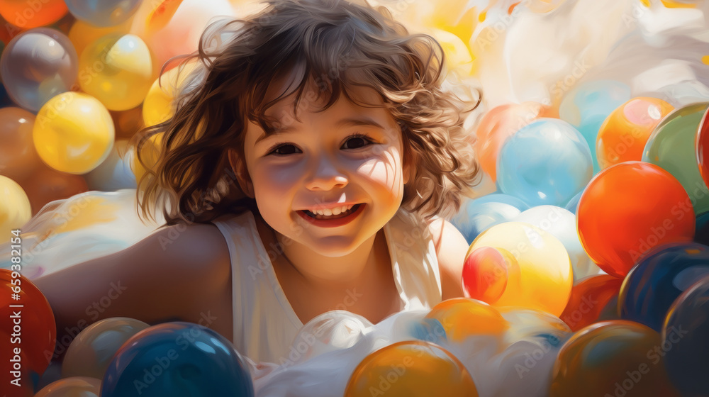 Obraz premium Happy little girl having fun in ball pit in kids indoor play center. Child playing with colorful balls in playground ball pool.