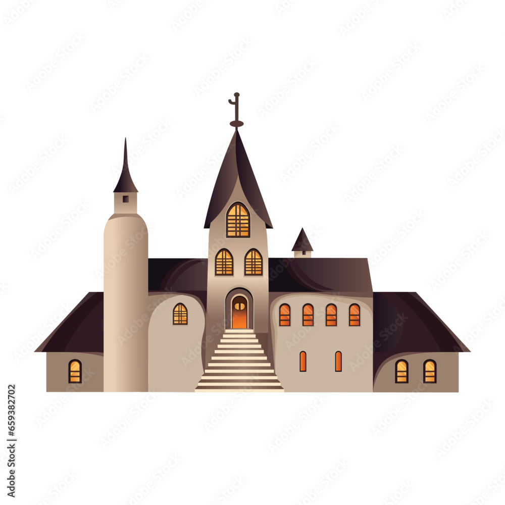 Scary cartoon castle with ligting windows, halloween theme holiday. Vector illustration.