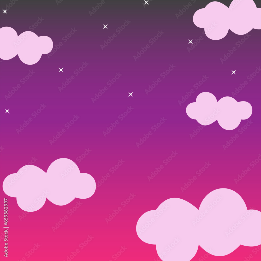 Purple trendy night view background with clouds and shining stars. Magic color galaxy and starry night. Vector background for social media posts, mobile apps, banners design.