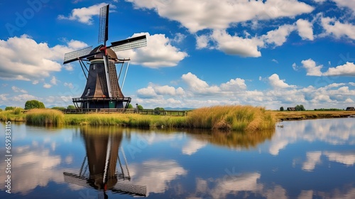 Old Windmill by Pond with Blue Sky Reflection