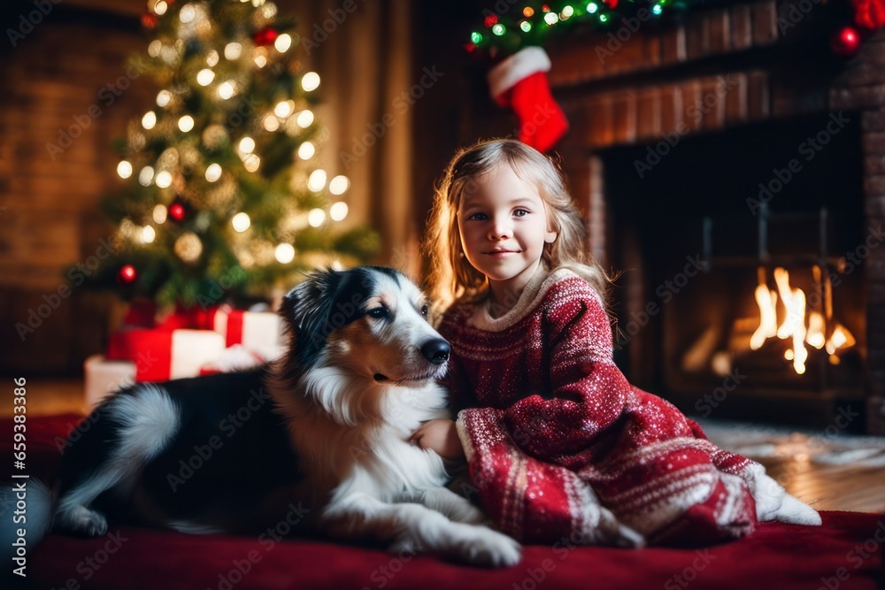 A cheerful little girl and her dog sitting by a Christmas tree and fireplace.
