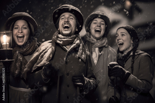 A group of carolers singing heartily on a snowy evening. Generated AI © francodelgrando