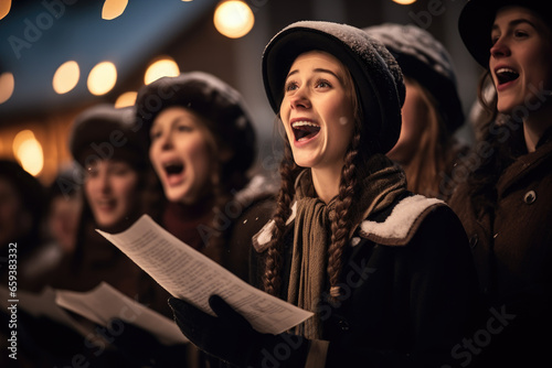 A group of carolers singing heartily on a snowy evening. Generated AI