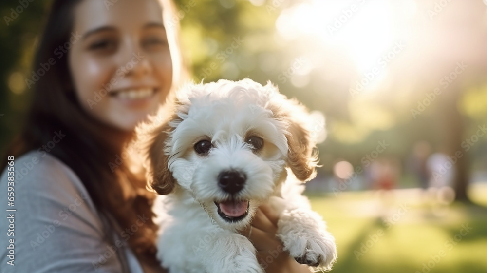 A heartwarming image of a playful puppy with its owner in a sunny park, Pets with owners, with copy space A heartwarming image of a playful puppy with its owner in a sunny park, Pets with owners, with copy space