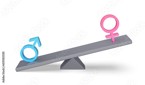 Photos Dominating male over female sign on seesaw, concept image for imbalance between