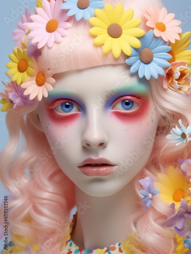 A doll adorned with a vibrant headpiece of fragrant flowers captures the beauty and innocence of nature in a whimsical display