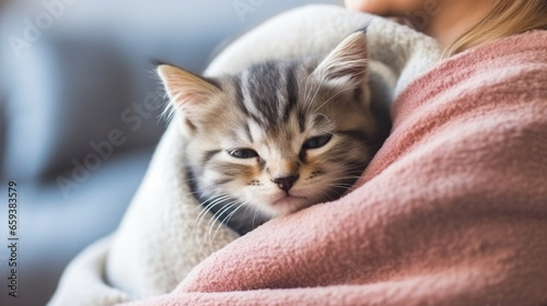 A cozy scene of a kitten cuddled up in its owner's lap, both enjoying a lazy afternoon, Pets with owners, with copy space