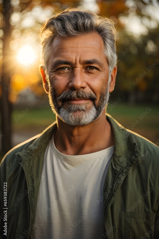 full body portrait of senior black bearded male with short brown hair and green eyes, wearing white t-shirt during late autumn sunset with a sunflares in the background. generative ai. full body portrait of senior black bearded male with short brown hair and green eyes, wearing white t-shirt during late autumn sunset with a sunflares in the background. generative ai.